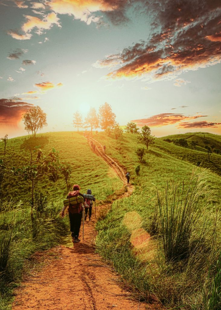Wanderer auf einem PRad durchs Grüne, im Hintergrund ein Hügel und die untergehende Sonne
