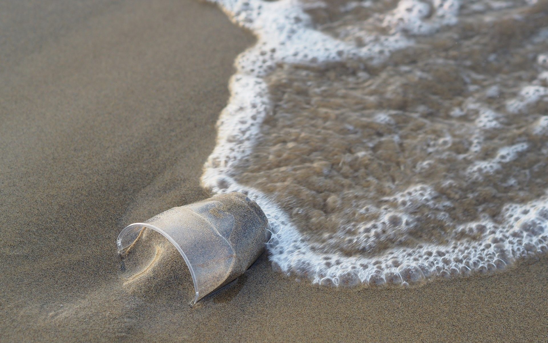 Plastik vermeiden.damit wie hier das Plastik, ein Becher, nicht im Meer landet und wie hier an den Streand gespült wird.